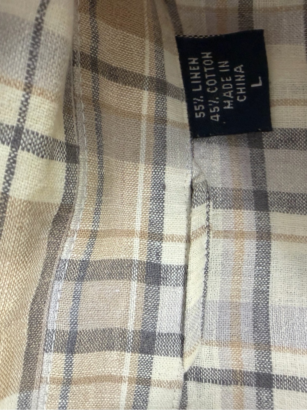IZOD Jeans Men’s Plaid Short Sleeve Linen Cotton Shirt Size L Beige Tan - Picture 4 of 8